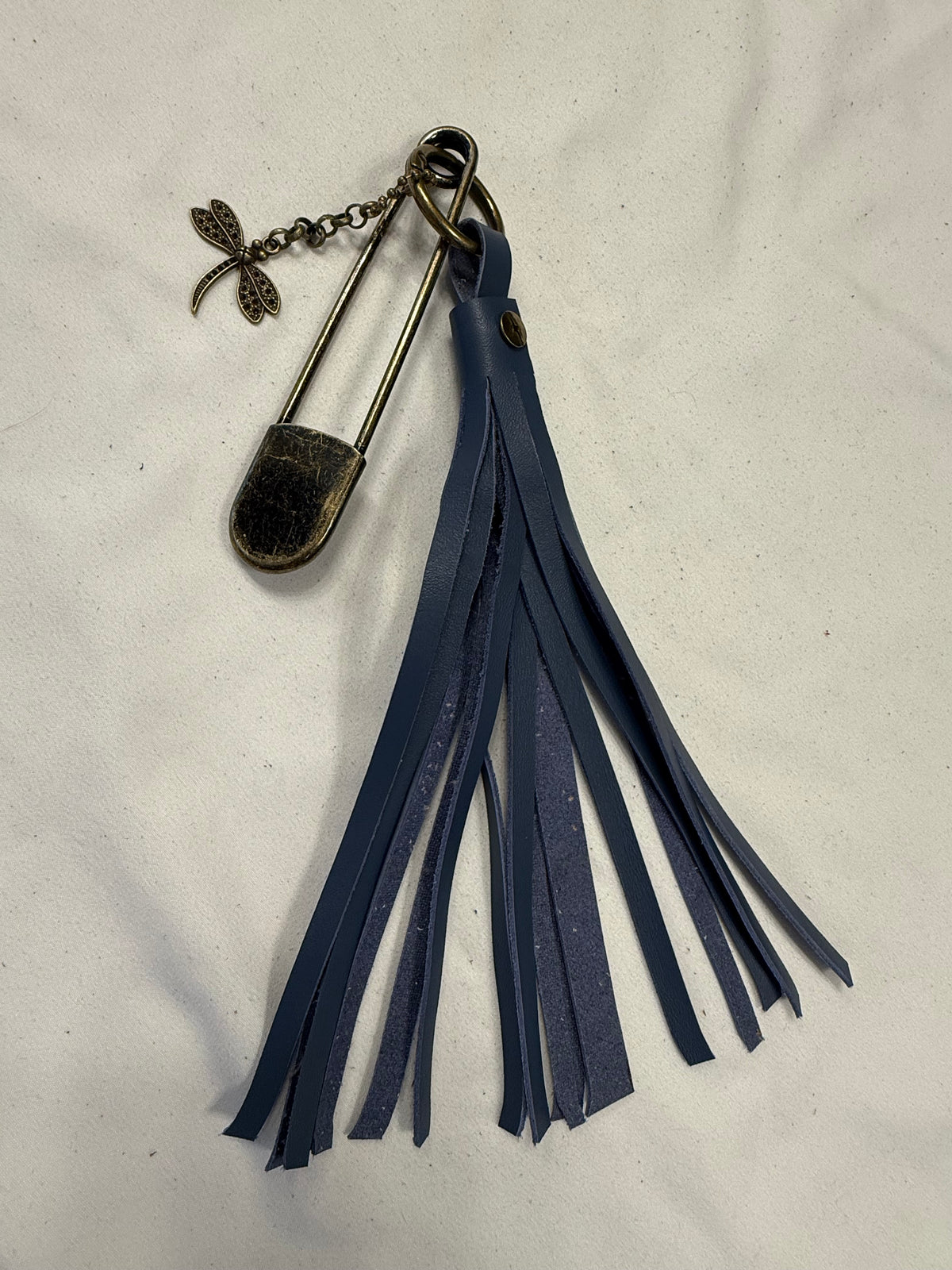 Handcut Blue Leather Tassel with XL Safety Pin and Dragonfly Charm Bag Charm