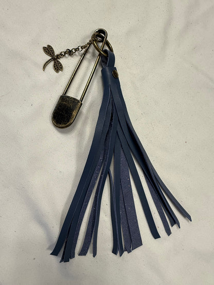 Handcut Blue Leather Tassel with XL Safety Pin and Dragonfly Charm Bag Charm