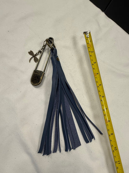 Handcut Blue Leather Tassel with XL Safety Pin and Dragonfly Charm Bag Charm