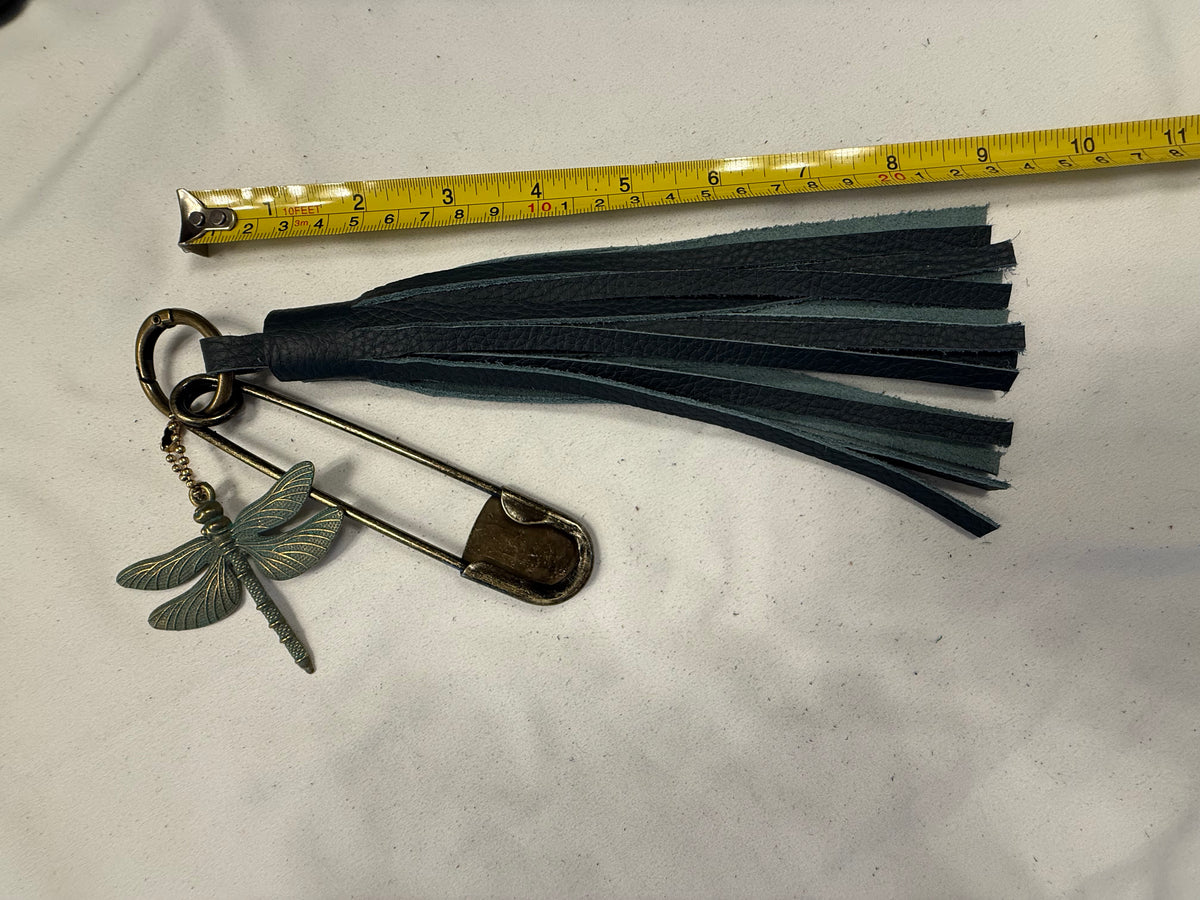 Handcut Blue Leather Tassel with XL Safety Pin and Dragonfly Charm Bag Charm
