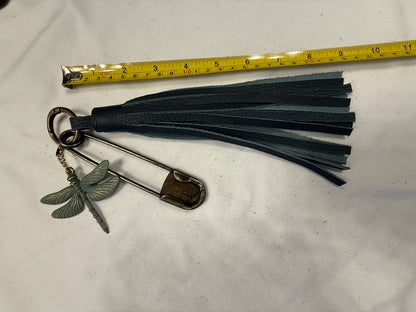 Handcut Blue Leather Tassel with XL Safety Pin and Dragonfly Charm Bag Charm