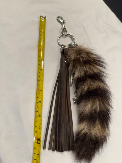 Cluster Bag Charm with Faux Fur Raccoon Tail, Handcut Leather Distressed Tassel, Gold Chain with Charms (the star is a Coach charm)