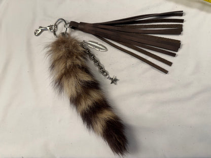 Cluster Bag Charm with Faux Fur Raccoon Tail, Handcut Leather Distressed Tassel, Gold Chain with Charms (the star is a Coach charm)