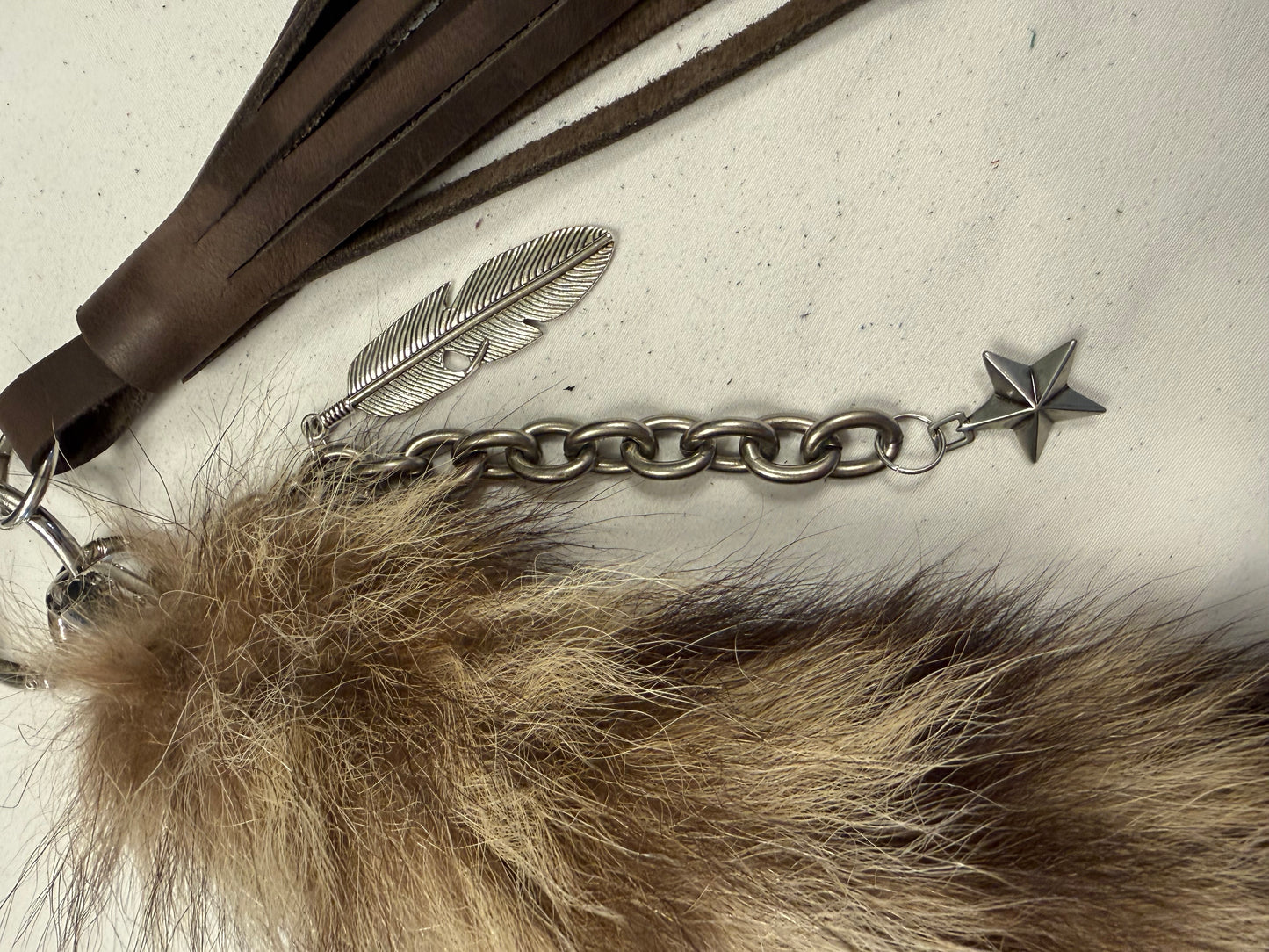 Cluster Bag Charm with Faux Fur Raccoon Tail, Handcut Leather Distressed Tassel, Gold Chain with Charms (the star is a Coach charm)