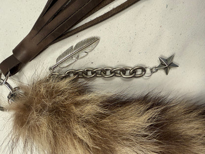 Cluster Bag Charm with Faux Fur Raccoon Tail, Handcut Leather Distressed Tassel, Gold Chain with Charms (the star is a Coach charm)