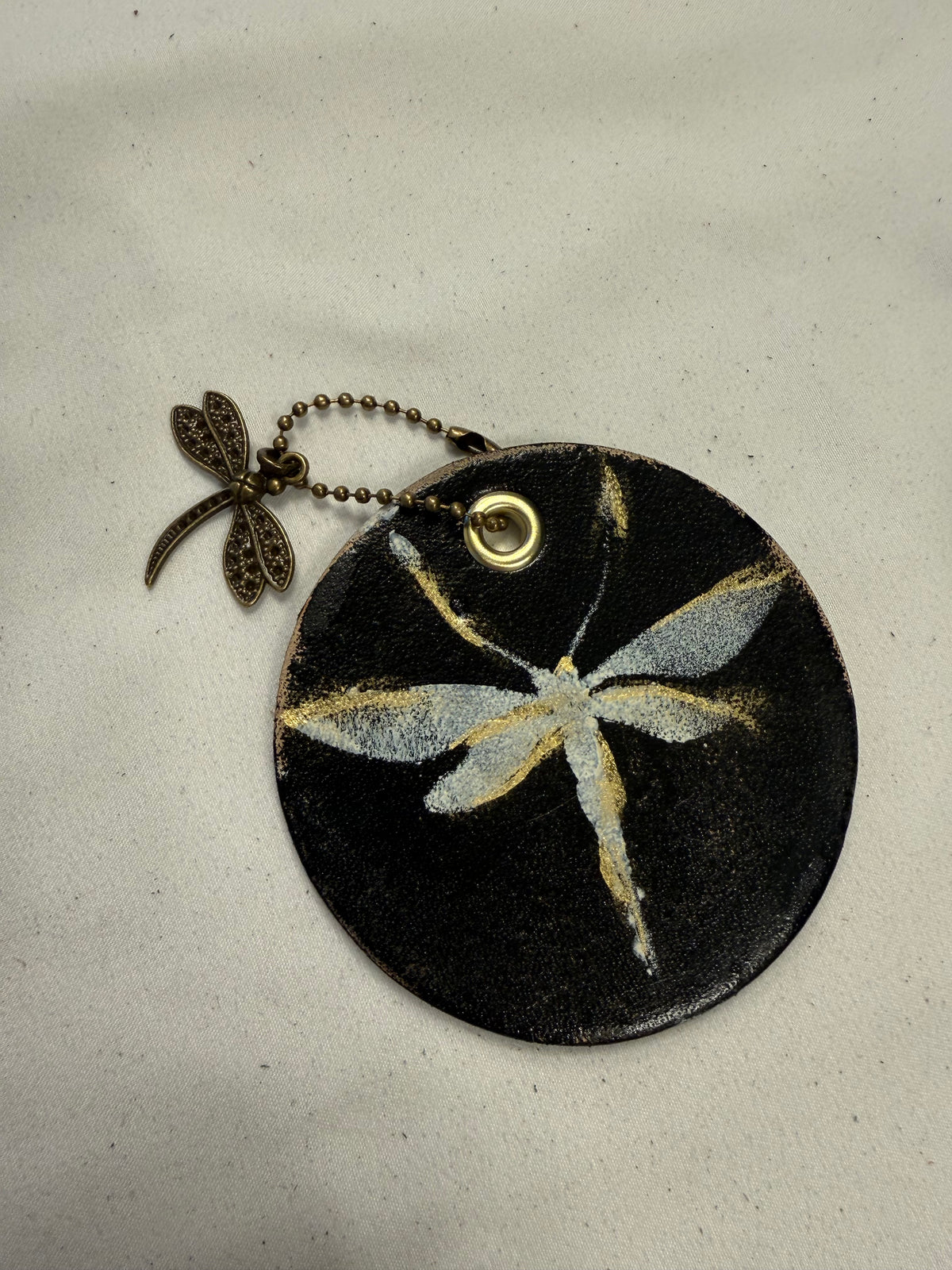 Dragonfly Bag Charm Painted on Leather Disc with Dragonfly Charm