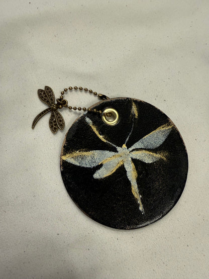 Dragonfly Bag Charm Painted on Leather Disc with Dragonfly Charm