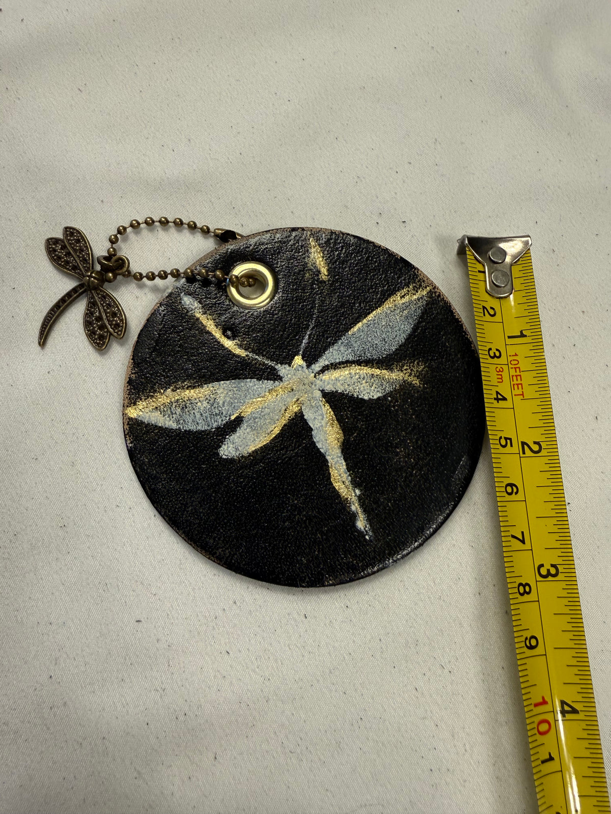 Dragonfly Bag Charm Painted on Leather Disc with Dragonfly Charm