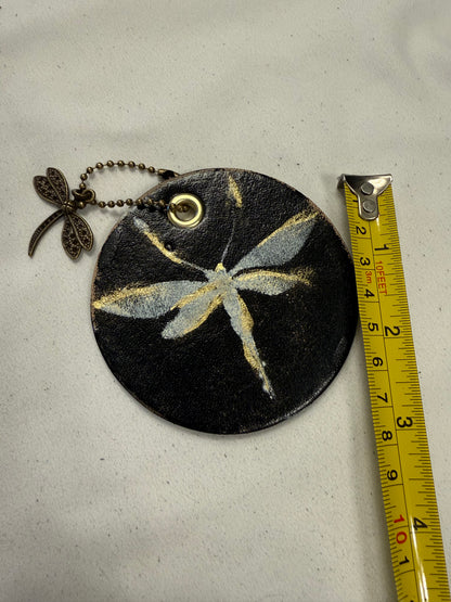 Dragonfly Bag Charm Painted on Leather Disc with Dragonfly Charm