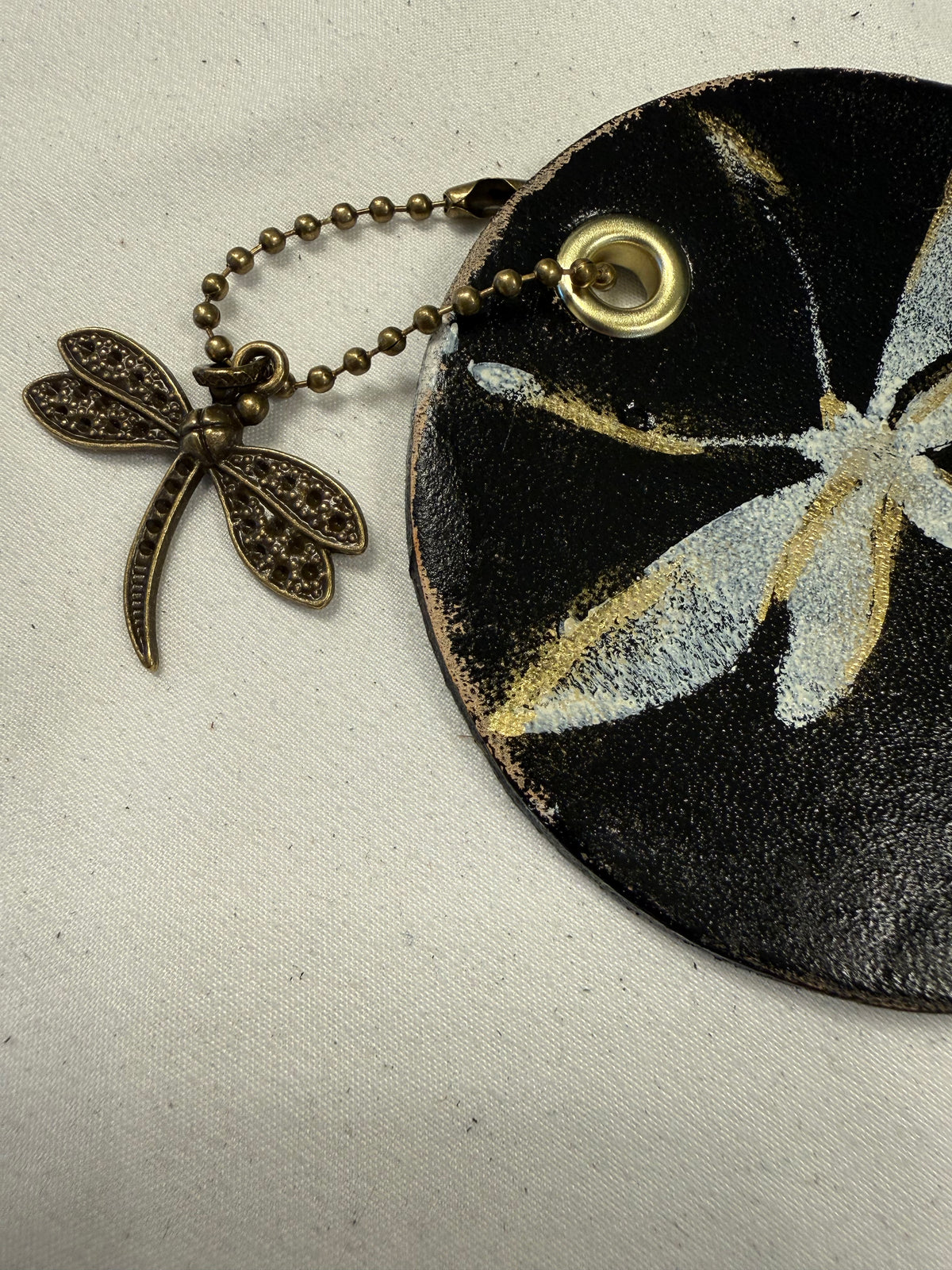 Dragonfly Bag Charm Painted on Leather Disc with Dragonfly Charm