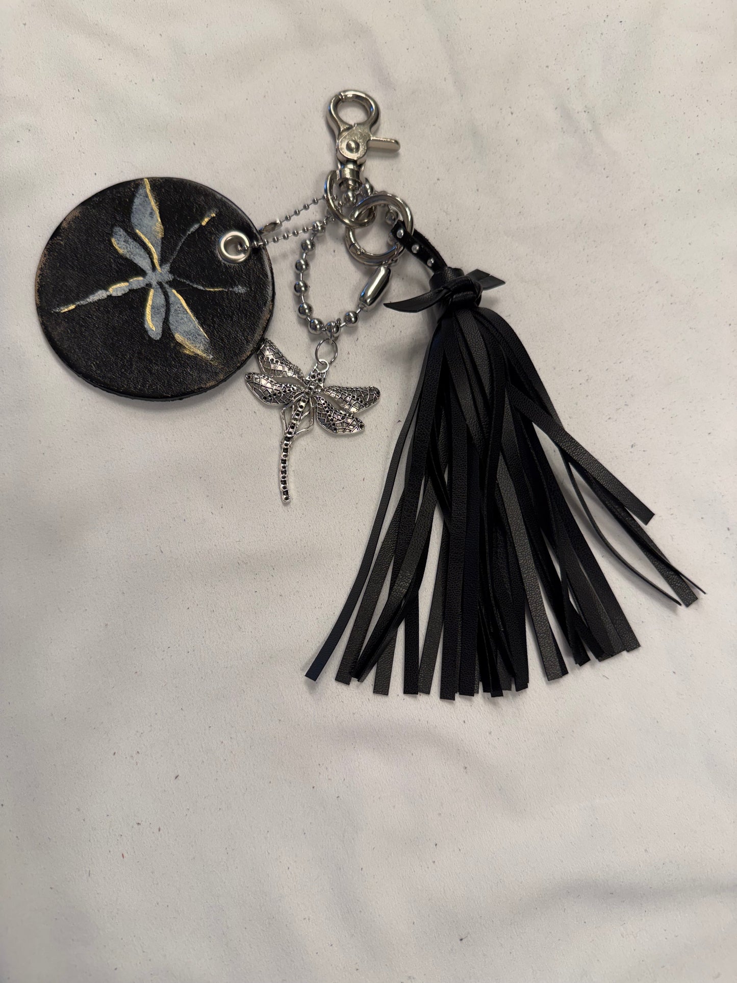 Bag Charm Cluster Vegan Tassel Leather Disc with Painted Dragonfly and Large Dragonfly Charm