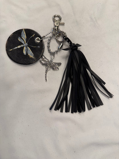 Bag Charm Cluster Vegan Tassel Leather Disc with Painted Dragonfly and Large Dragonfly Charm