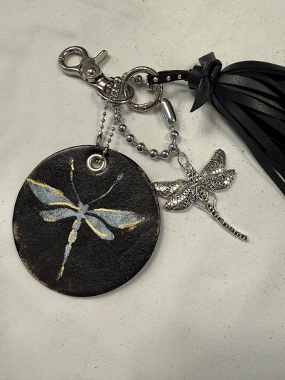 Bag Charm Cluster Vegan Tassel Leather Disc with Painted Dragonfly and Large Dragonfly Charm