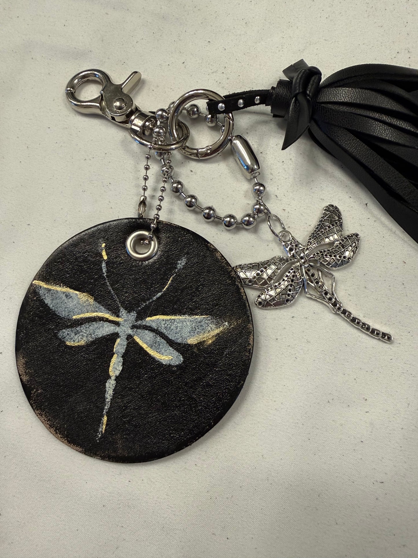 Bag Charm Cluster Vegan Tassel Leather Disc with Painted Dragonfly and Large Dragonfly Charm