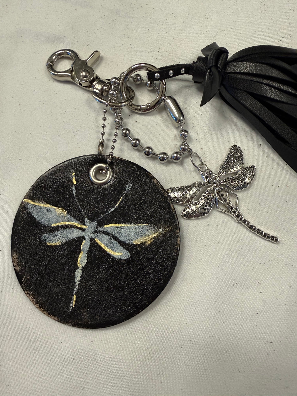 Bag Charm Cluster Vegan Tassel Leather Disc with Painted Dragonfly and Large Dragonfly Charm