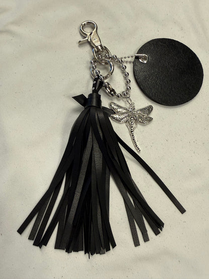 Bag Charm Cluster Vegan Tassel Leather Disc with Painted Dragonfly and Large Dragonfly Charm