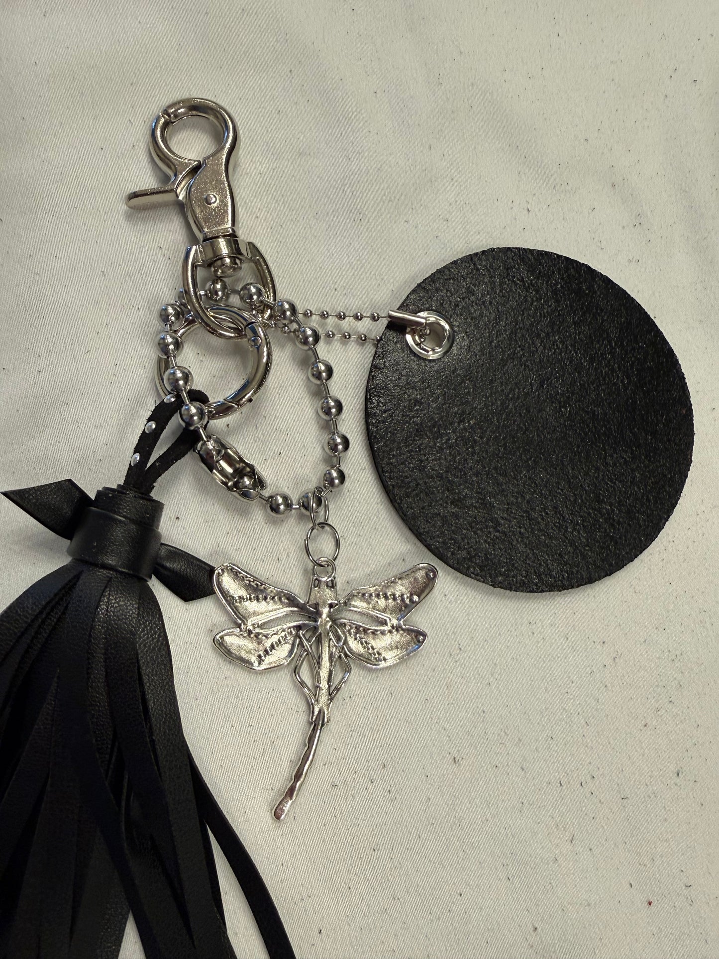 Bag Charm Cluster Vegan Tassel Leather Disc with Painted Dragonfly and Large Dragonfly Charm