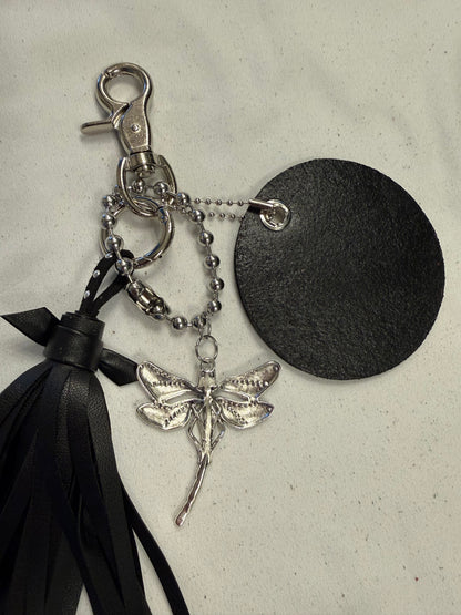 Bag Charm Cluster Vegan Tassel Leather Disc with Painted Dragonfly and Large Dragonfly Charm