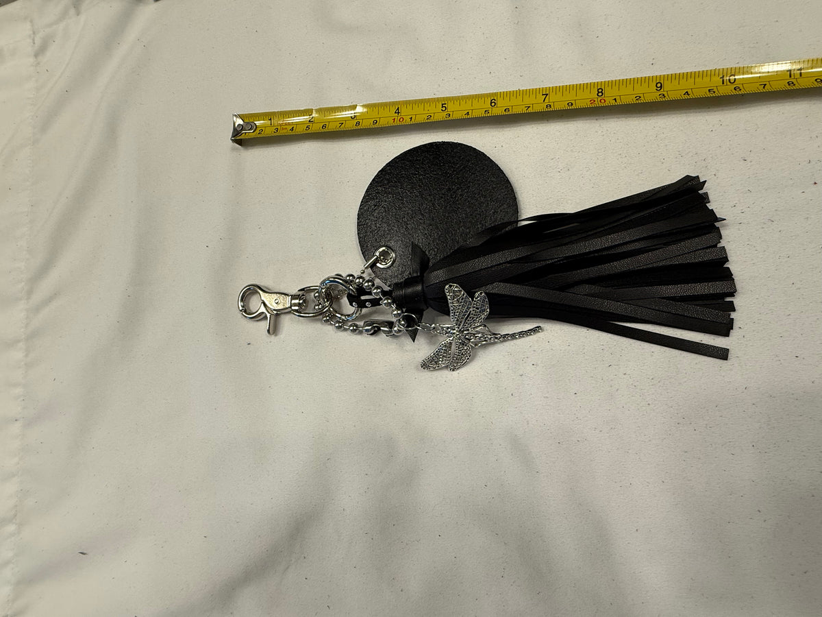 Bag Charm Cluster Vegan Tassel Leather Disc with Painted Dragonfly and Large Dragonfly Charm
