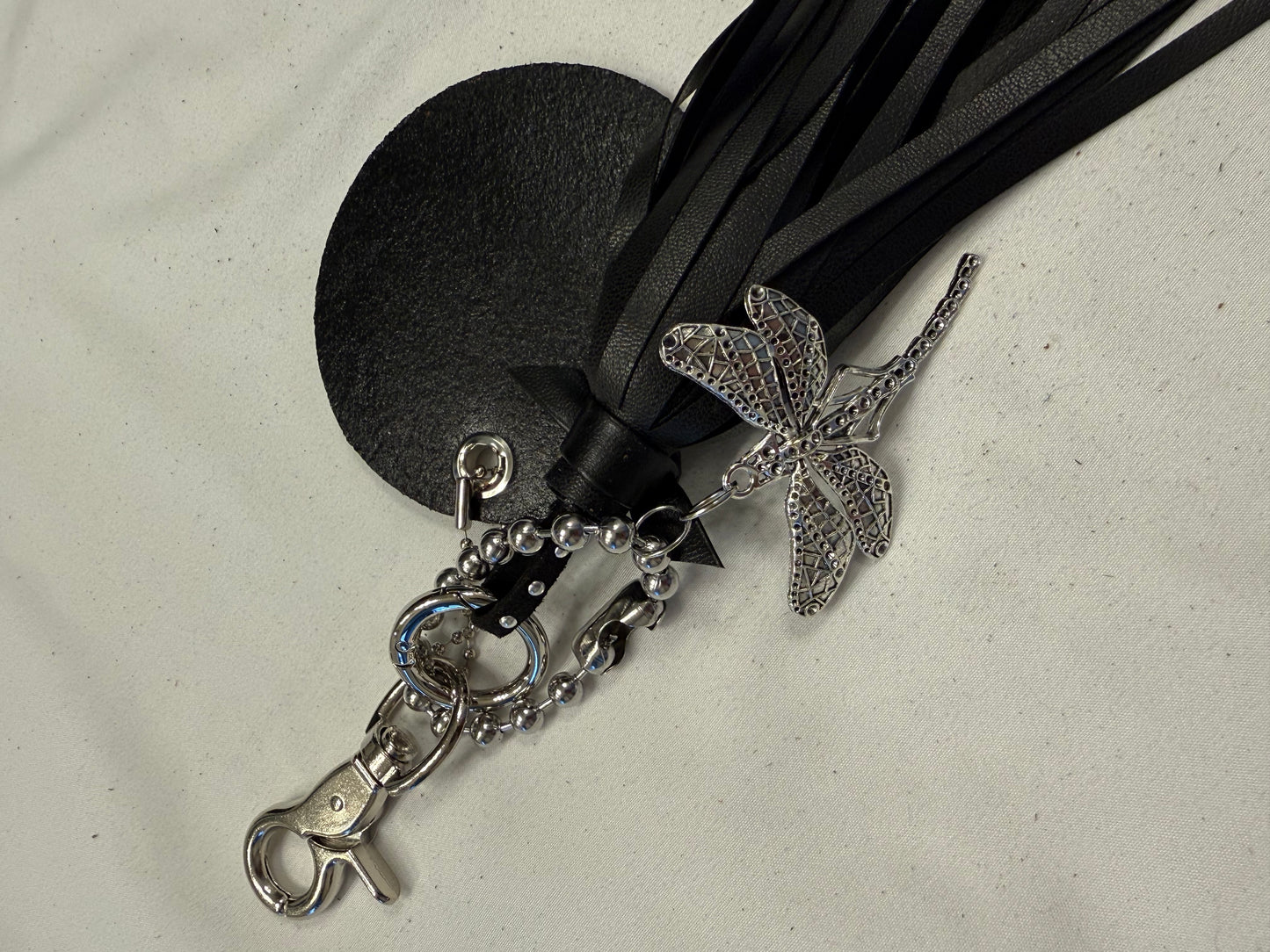 Bag Charm Cluster Vegan Tassel Leather Disc with Painted Dragonfly and Large Dragonfly Charm