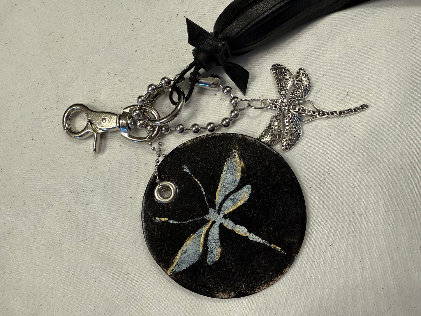 Bag Charm Cluster Vegan Tassel Leather Disc with Painted Dragonfly and Large Dragonfly Charm
