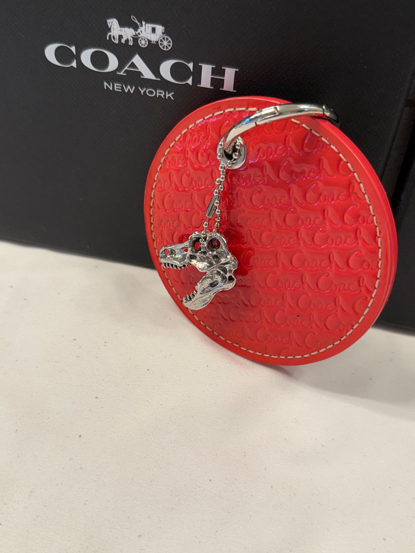 Repurposed Coach 1990s Coaster with Metal T-Rex Charm Bag Charm