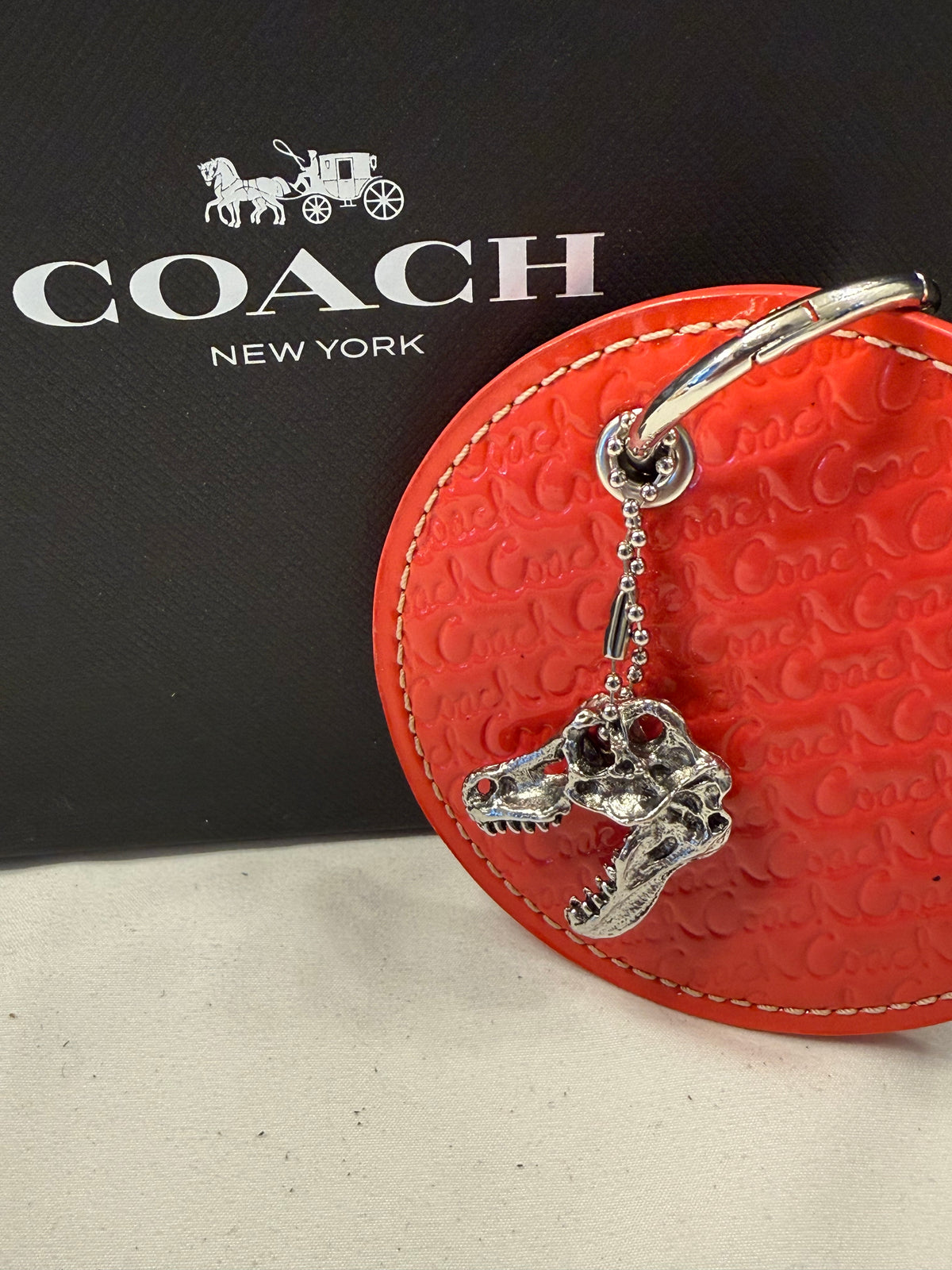 Repurposed Coach 1990s Coaster with Metal T-Rex Charm Bag Charm