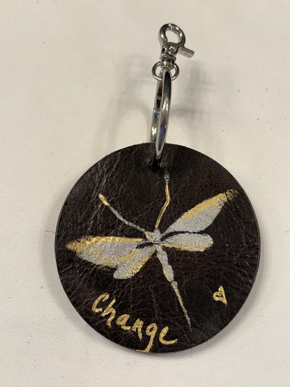 Repurposed Coach Coaster with Moss Mills Handbag Leather Painted Dragonfly with Dragonfly Charm