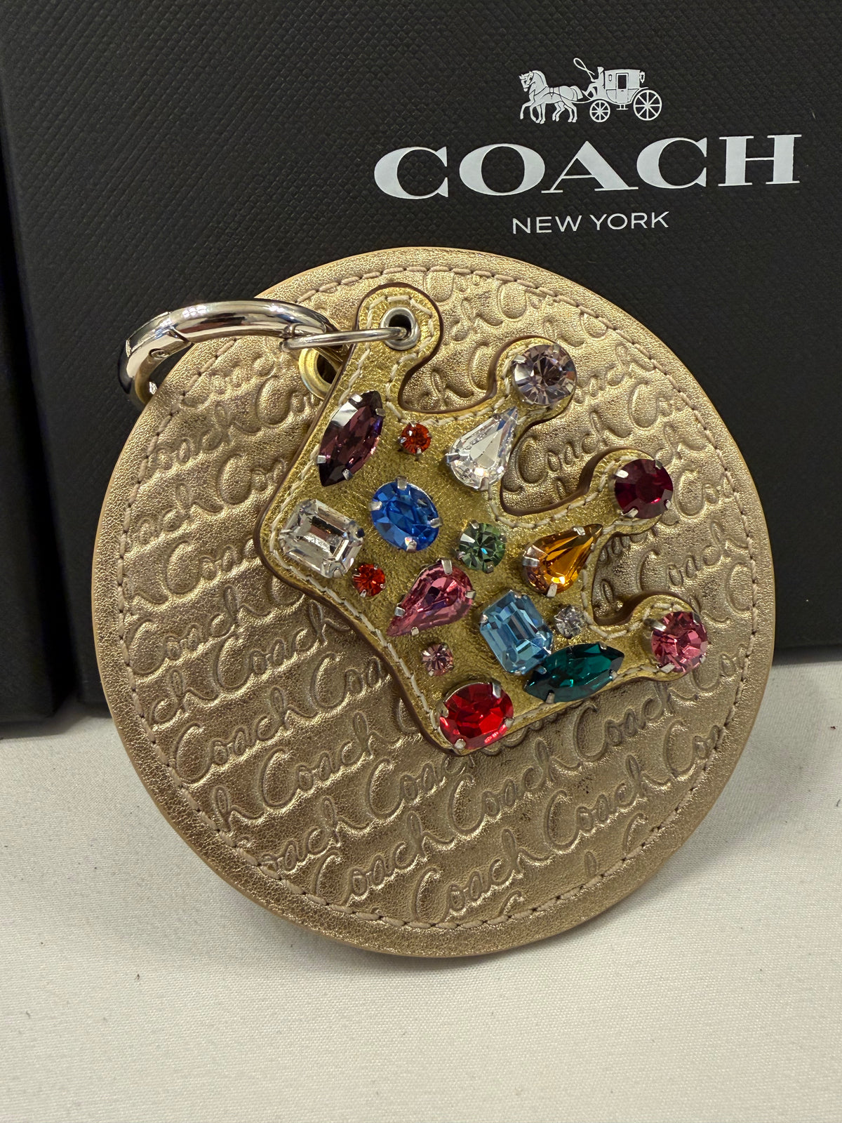 Repurposed Coach 1990s Gold Coaster with Coach Crown Jeweled Charm Bag Charm