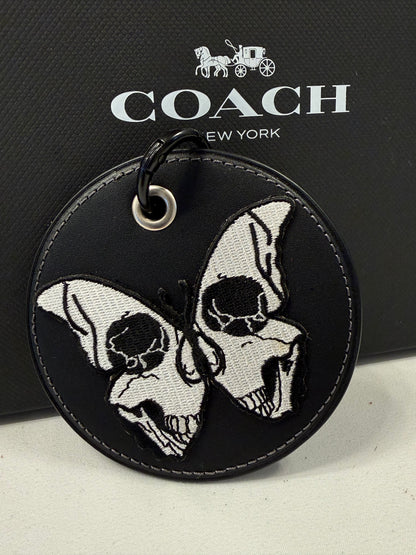 Repurposed Coach Coaster with Skull Butterfly Embroidered Patch Bag Charm Black Hardware