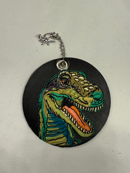 Repurposed Center of a Coach Coaster with T-Rex Embroidered Patch Bag Charm Silver Hardware