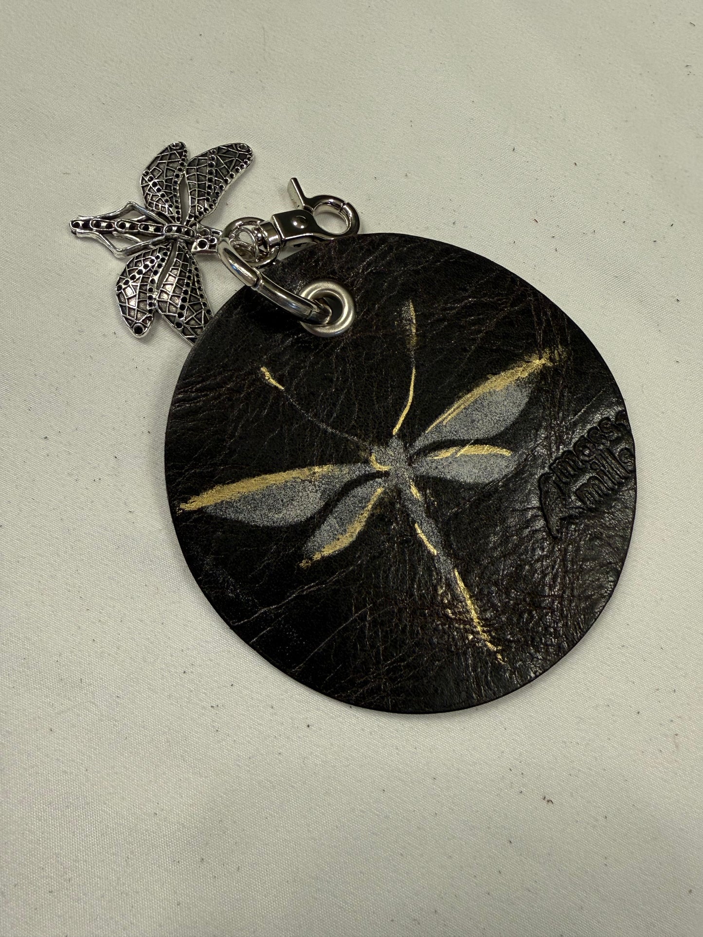 Repurposed Piece of a Moss Mills Handbag with Logo Embossed Painted Dragonfly and Dragonfly Charm Bag Charm
