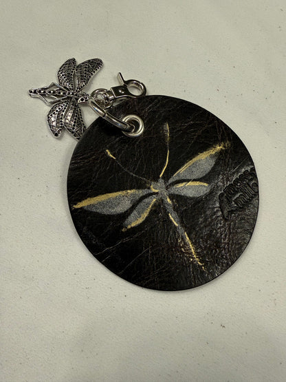 Repurposed Piece of a Moss Mills Handbag with Logo Embossed Painted Dragonfly and Dragonfly Charm Bag Charm