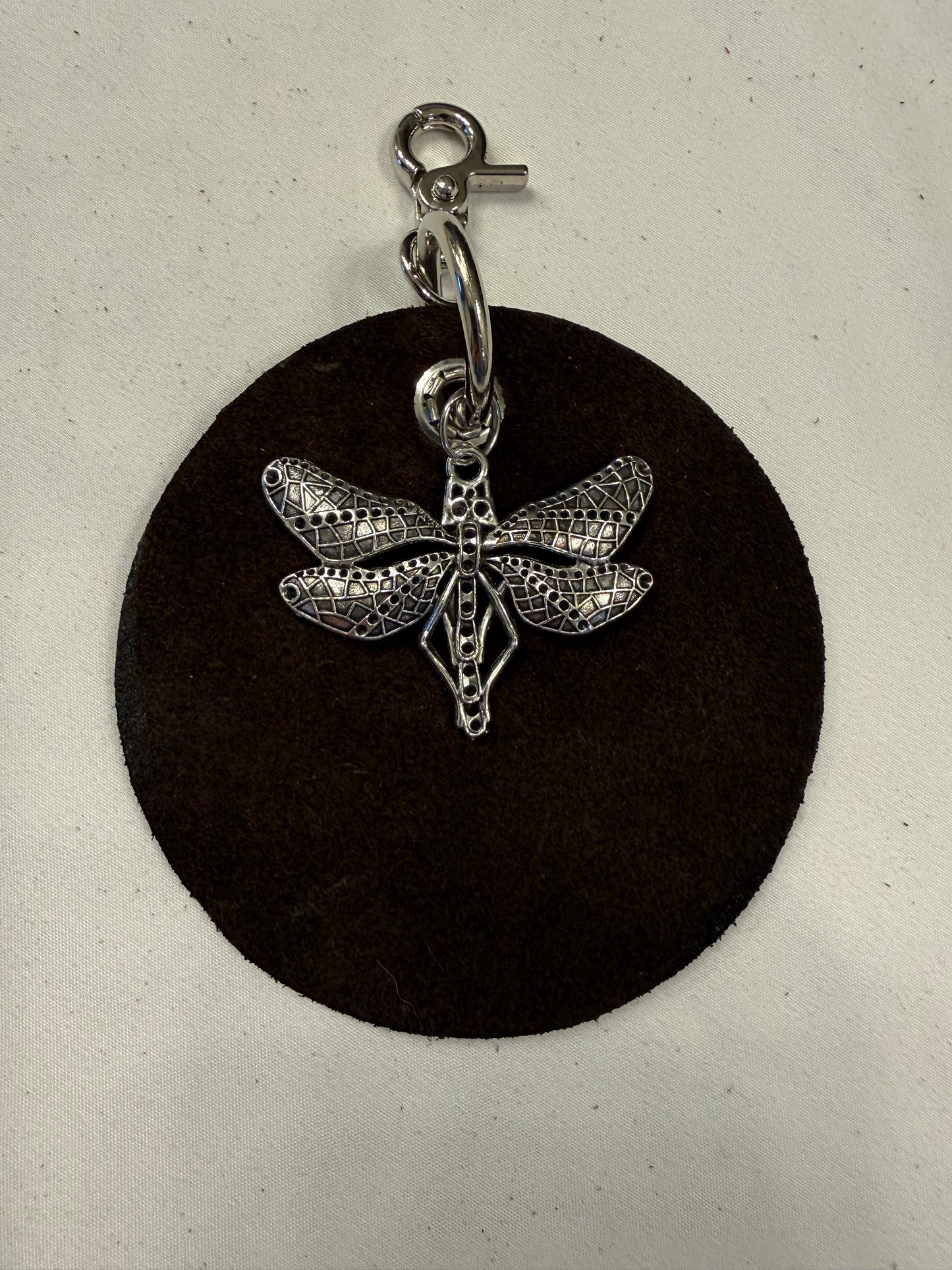 Repurposed Piece of a Moss Mills Handbag with Logo Embossed Painted Dragonfly and Dragonfly Charm Bag Charm