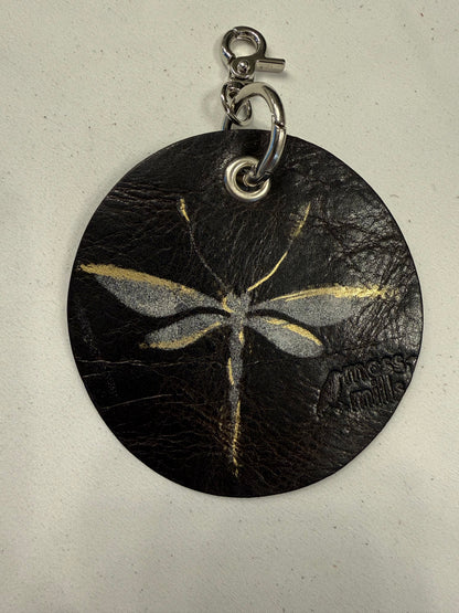 Repurposed Piece of a Moss Mills Handbag with Logo Embossed Painted Dragonfly and Dragonfly Charm Bag Charm