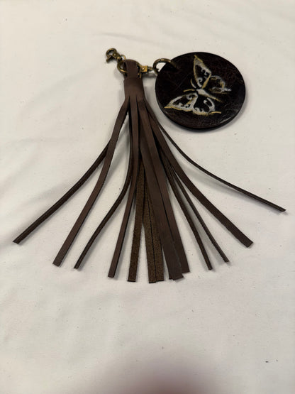Repurposed Coach Olive Coaster with Moss Mills Leather Painted Butterfly and Distressed Brown Tassel Bag Charm