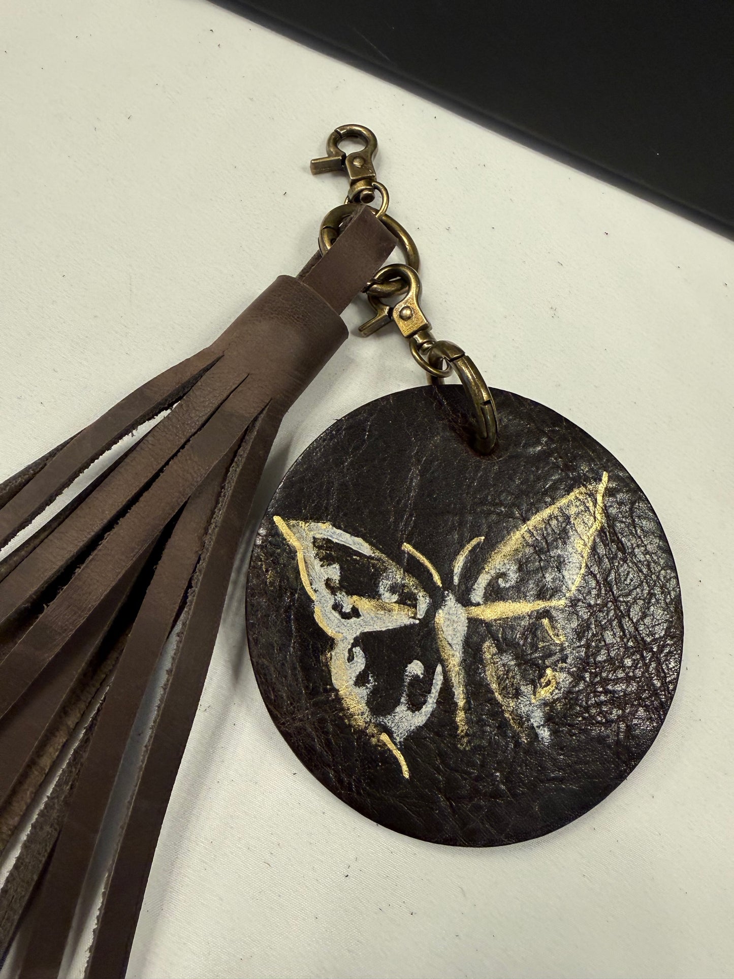 Repurposed Coach Olive Coaster with Moss Mills Leather Painted Butterfly and Distressed Brown Tassel Bag Charm