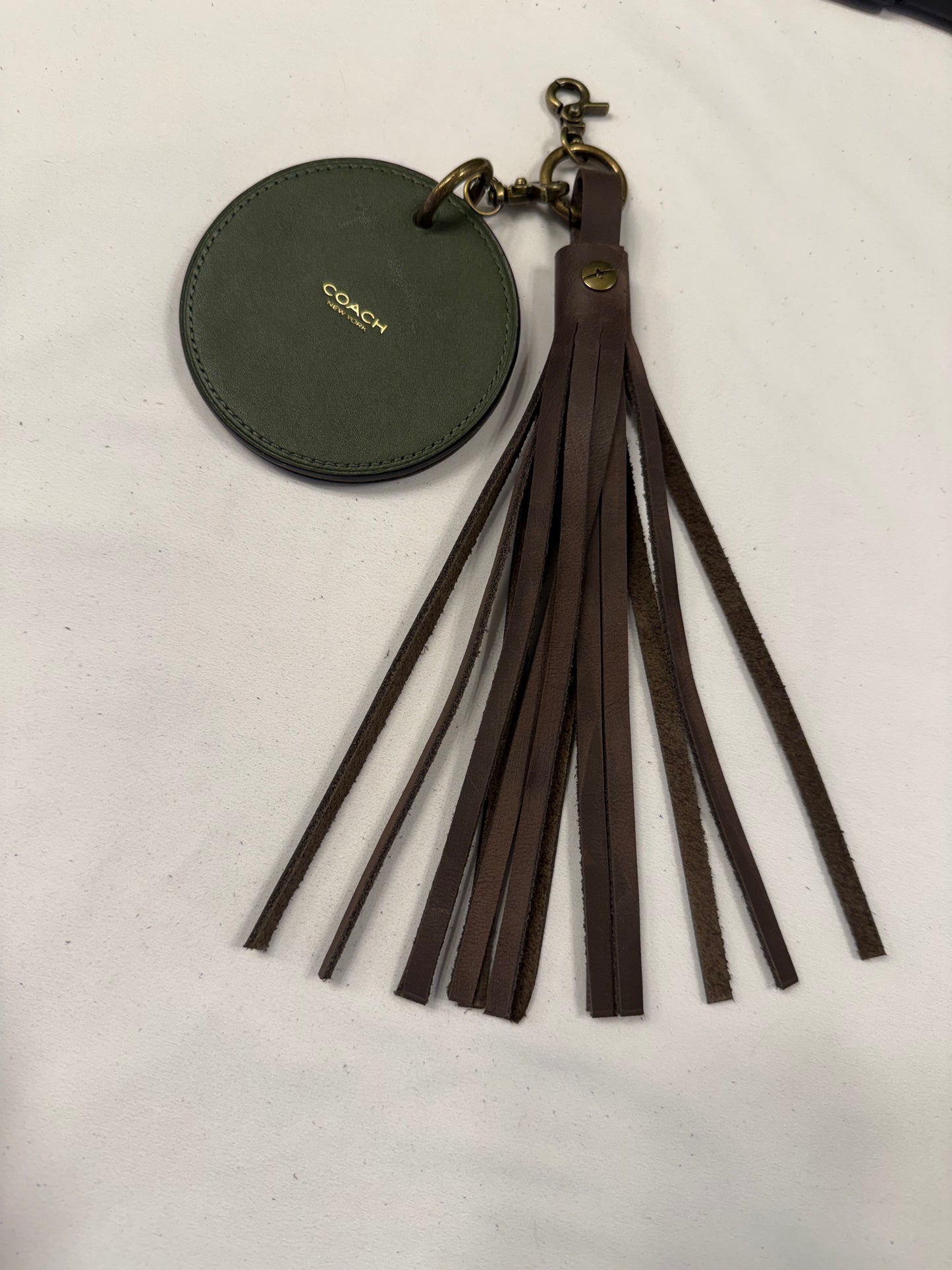 Repurposed Coach Olive Coaster with Moss Mills Leather Painted Butterfly and Distressed Brown Tassel Bag Charm