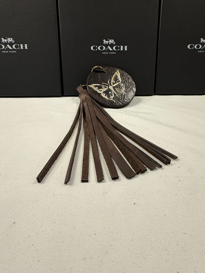 Repurposed Coach Olive Coaster with Moss Mills Leather Painted Butterfly and Distressed Brown Tassel Bag Charm