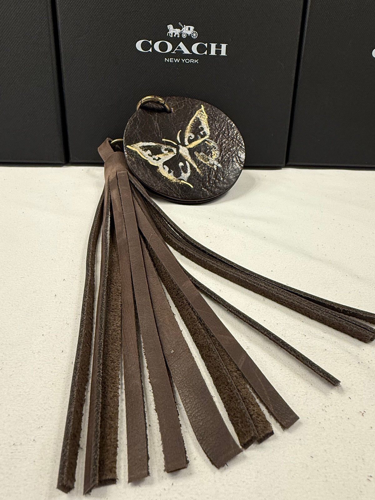 Repurposed Coach Olive Coaster with Moss Mills Leather Painted Butterfly and Distressed Brown Tassel Bag Charm