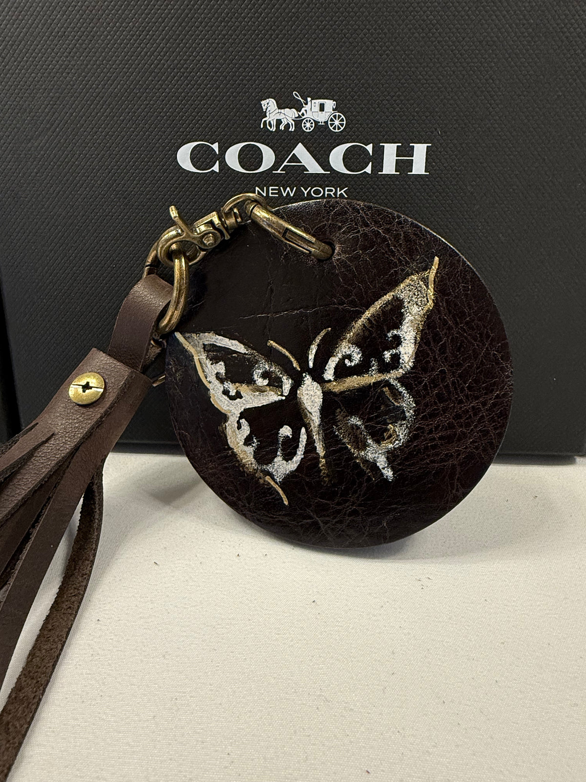 Repurposed Coach Olive Coaster with Moss Mills Leather Painted Butterfly and Distressed Brown Tassel Bag Charm