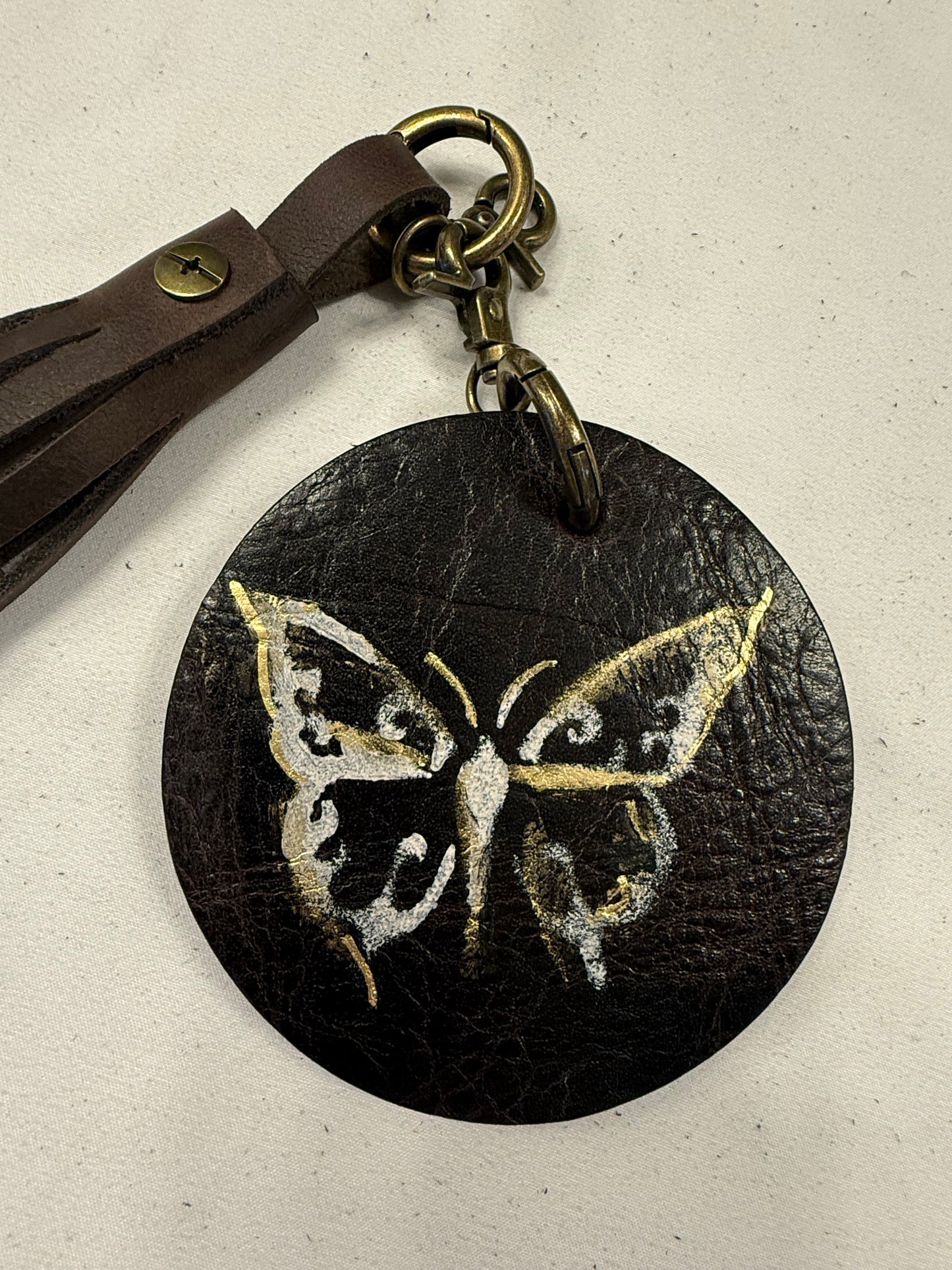 Repurposed Coach Olive Coaster with Moss Mills Leather Painted Butterfly and Distressed Brown Tassel Bag Charm