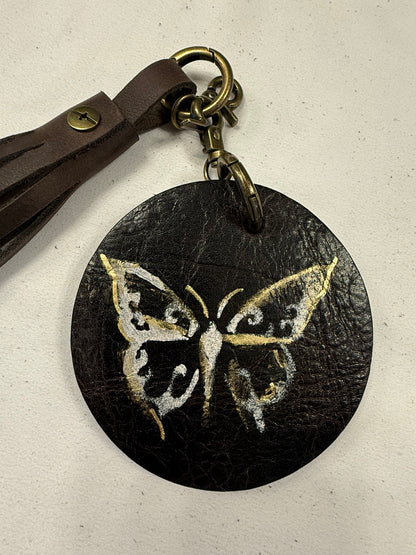 Repurposed Coach Olive Coaster with Moss Mills Leather Painted Butterfly and Distressed Brown Tassel Bag Charm