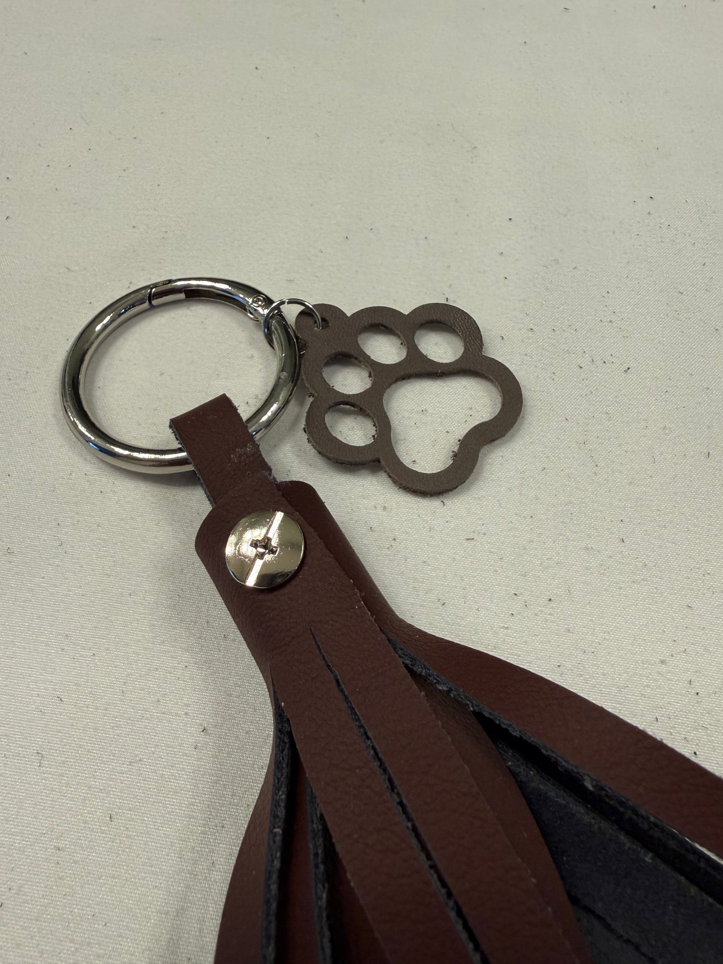 Handcut Two-Tone Leather Tassel with Leather Paw Print Charm