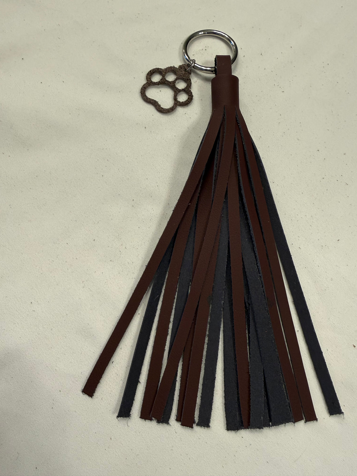 Handcut Two-Tone Leather Tassel with Leather Paw Print Charm