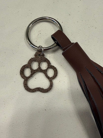 Handcut Two-Tone Leather Tassel with Leather Paw Print Charm