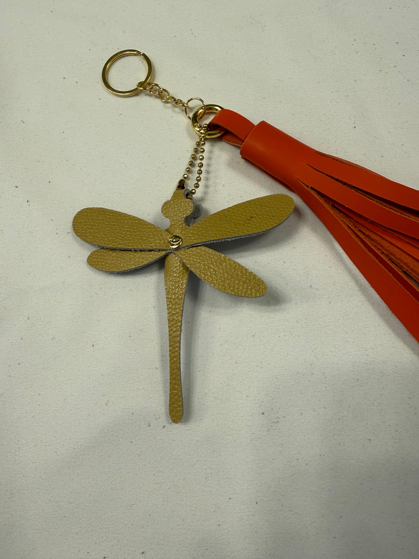 Orange Leather Handcut Tassel with Handmade Yellow Leather Dragonfly Charm on Gold Tone Hardware