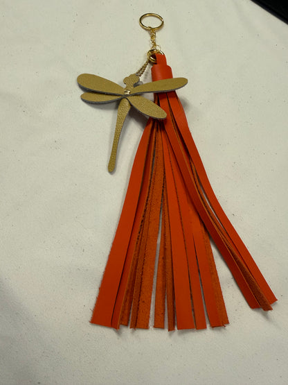 Orange Leather Handcut Tassel with Handmade Yellow Leather Dragonfly Charm on Gold Tone Hardware