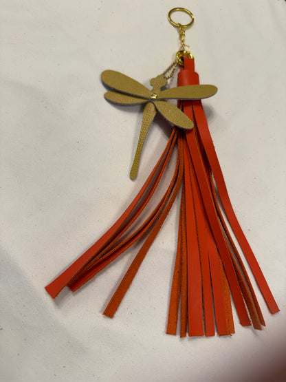 Orange Leather Handcut Tassel with Handmade Yellow Leather Dragonfly Charm on Gold Tone Hardware