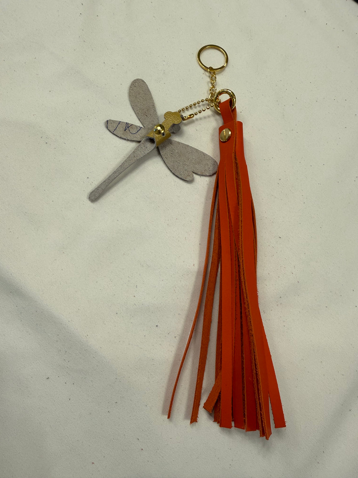 Orange Leather Handcut Tassel with Handmade Yellow Leather Dragonfly Charm on Gold Tone Hardware